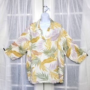 Tahari 100% Linen Tunic Top Womens 3X Hawaiian Tropical Palm Leaf Resort Beach
